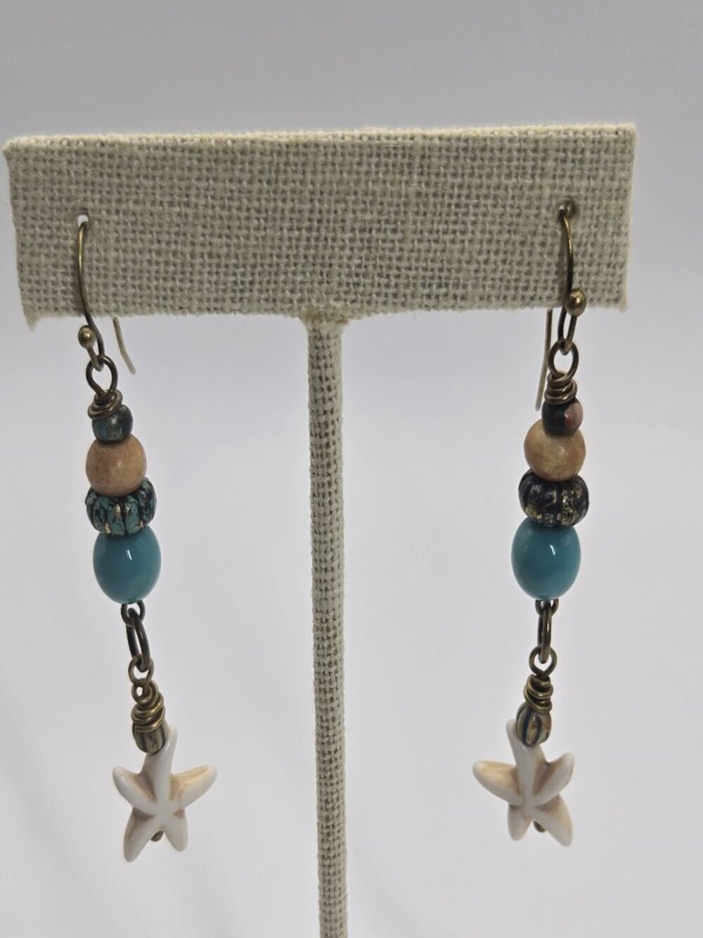 Beach Vine Beaded Earrings in Shades of Cream and Tan Starfish Handmade Item 86